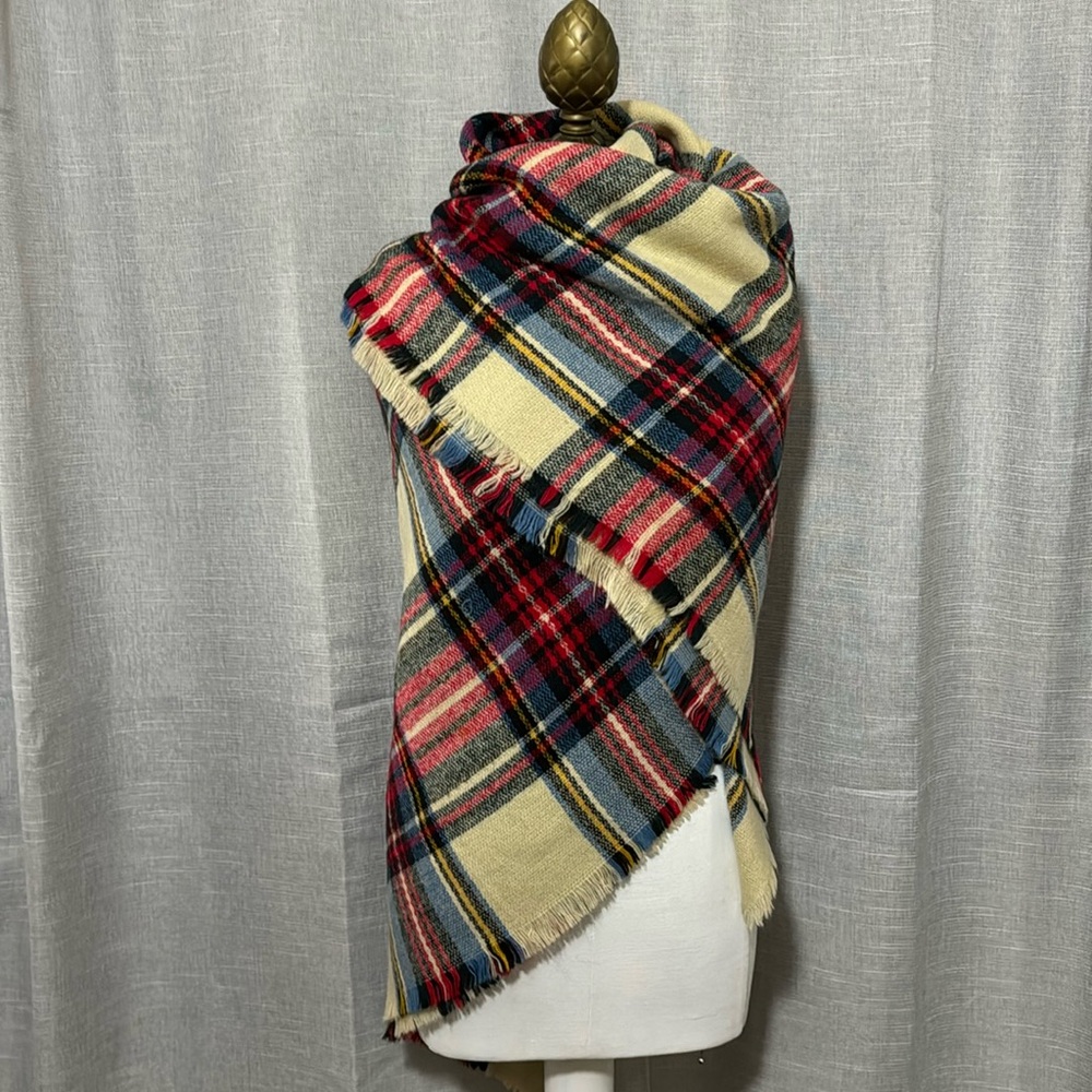 asos brand Large 60x60 Blanket Style Plaid Scarf/Wrap-Beige/Red/Blue-Acrylic
